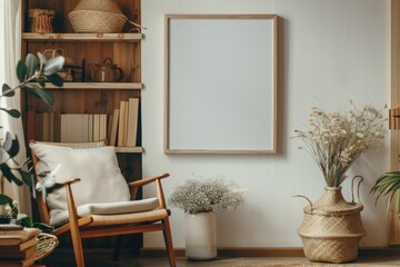 Stylish living room decor with white frame  retro chair  books.