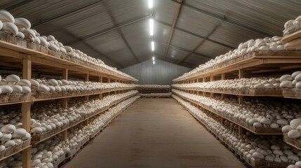 Obraz premium A mushroom farm with rows of cultivated mushrooms in a controlled indoor environment. -