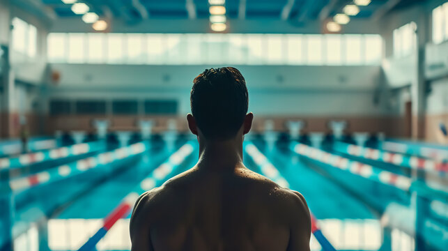 A swimmer poised on the starting block at the poolside, with copy space, setting the stage for competitive swimming