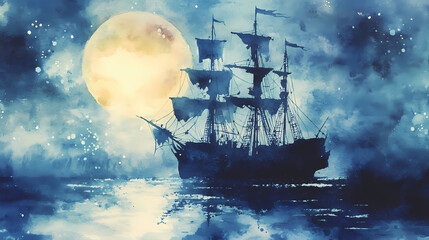 Fototapeta premium Ghostly pirate ship, a spectral vessel adrift in mist under a full moon, with a haunting crew captured in delicate watercolor hues. Spectral. Illustration