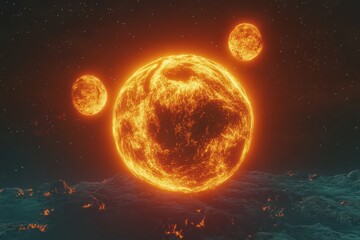 Obraz premium Fiery Planets Illuminate Dark Space Landscape