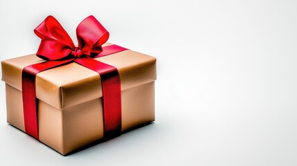 Obraz premium This elegant gift box showcases a shiny gold exterior adorned with a bright red ribbon and bow, making it an ideal present for cheerful holiday gatherings