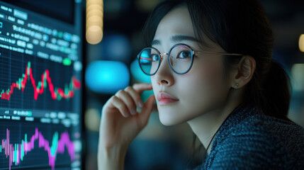 In a finance office, an Asian woman reviews stock market charts displayed on a large monitor, deeply focused on the numbers