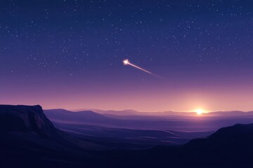 Serene Sunset Landscape With Shooting Star Over Mountains