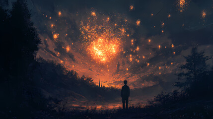 Fototapeta premium A supernatural scene unfolded as spectral fireworks lit up the night sky, celebrating independence day with a dazzling display of colors. Spectral. Illustration