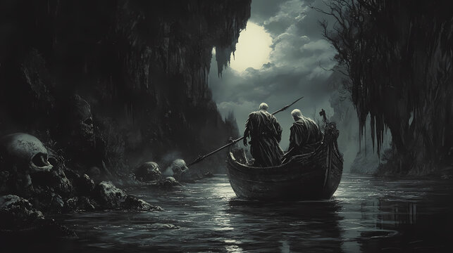 Charon crossing the river styx transporting souls across the underworld's boundary, an essential element in greek myth and afterlife lore. Spectral. Illustration