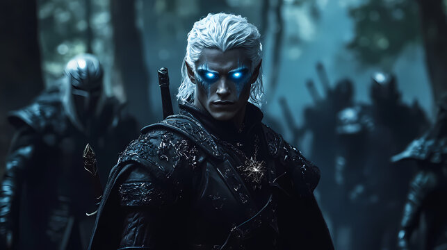 Commanding drow warrior with glowing blue eyes and silver hair leading a spectral army through a dark enchanted forest. Spectral. Illustration