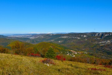 Naklejka premium iew of the town of Trieste at the shore of the Adriatic sea, Črni Kal viaduct and Hrastovlje village under Kraški Rob in Istria, Primorska, Slovenia from a meadow with smoketree (Cotinus coggygria)