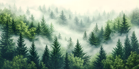 Fototapeta premium Misty Forest Landscape with Pine Trees