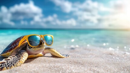 Obraz premium Turtle Wearing Sunglasses Relaxing on Sunny Beach by Ocean
