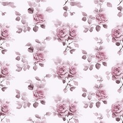 Fototapeta premium Floral pattern featuring soft pink roses and green leaves on a light background creating a romantic ambiance