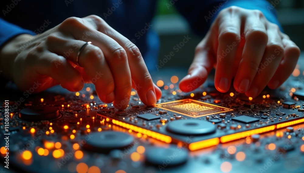 Poster close-up view of hands working on futuristic circuit board. hands precisely position components on g