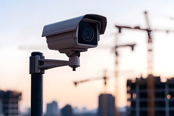 CCTV camera monitoring a construction site with cranes in the background, emphasising security and surveillance in a bustling construction environment