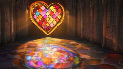 Heart-shaped stained-glass window in a grand cathedral, glowing with vibrant hues of ruby, gold, and amber, casting colorful reflections on the stone floor, evoking a serene atmosphere.