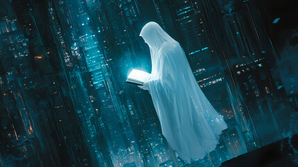 A spectral figure in a white hood floats through a dark cityscape with a glowing book. Spectral. Illustration