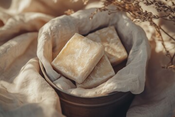 rectangular shampoo bars with a rustic texture, placed on a soft linen cloth inside a metal container