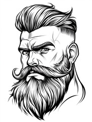 Intricate line art featuring a well-groomed man with a stylish haircut and a prominent beard, emphasizing facial features and expression. barbershop concept, logo.