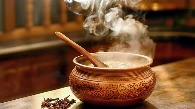 A traditional pot steaming over a wooden table, Spices and herbs carefully layered to build flavor in a slow-cooked beef stew.