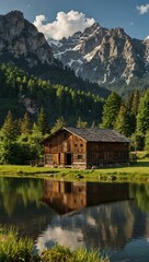 Obraz premium Mountainous landscape with a charming wooden warehouse.