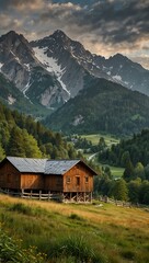 Obraz premium Mountainous landscape with a charming wooden warehouse.