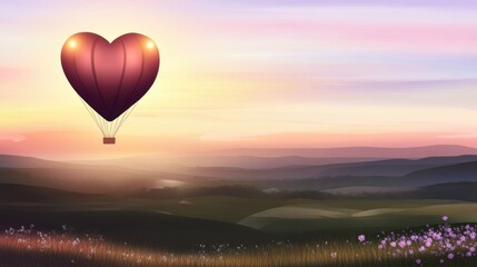 Fototapeta premium Heart-shaped hot air balloon floating serenely over rolling hills and blooming meadows, surrounded by soft glowing lights, a vibrant sunset illuminating the picturesque landscape below.