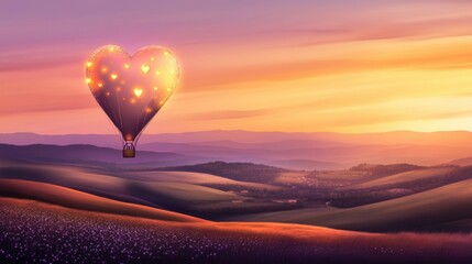Fototapeta premium Heart-shaped hot air balloon floating serenely over rolling hills and blooming meadows, surrounded by soft glowing lights, a vibrant sunset illuminating the picturesque landscape below.