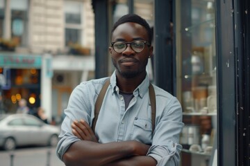Obraz premium Black male business owner outside coffee shop.