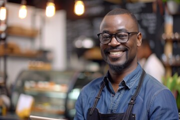 Fototapeta premium Happy Black man with tablet at coffee shop.