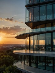 Fototapeta premium Multi-level modern building with expansive glass and sunset view.