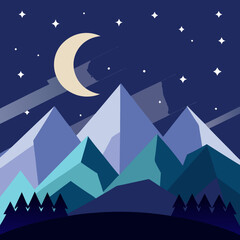 Fototapeta premium Mountains, starry sky, crescent moon