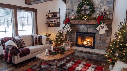 Obraz premium Cozy Christmas in Rustic Farmhouse with Plaid Blankets and Fire