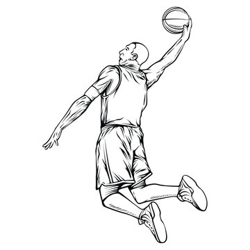 basketball player jumping, black and white clip art preview