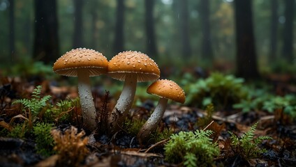 Fototapeta premium Mushrooms growing in a damp, autumn forest.