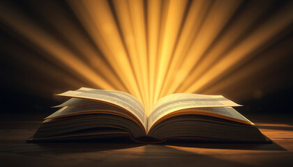 Open book is emitting a bright magical light, resting on a rustic wooden table against a dark background, creating a mystical and enchanting atmosphere.