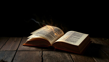Fototapeta premium Open book is emitting a bright magical light, resting on a rustic wooden table against a dark background, creating a mystical and enchanting atmosphere.