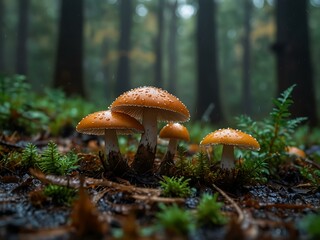 Fototapeta premium Mushrooms in a wet autumn forest.