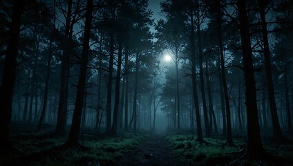 Obraz premium Mysterious and magical moonlit forest in twilight.