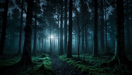 Fototapeta premium Mysterious and magical moonlit forest in twilight.
