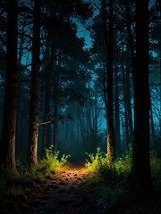 Mysterious glowing forest at night.