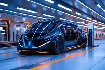 Obraz premium Renewable energy integration with electric mobility focus on, transportation theme, futuristic, Overlay, EV charging station backdrop