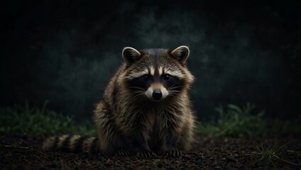 Obraz premium Mysterious raccoon in a dark background.