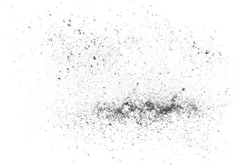 Black chalk pieces and dust flying, effect explode isolated on white, clipping path