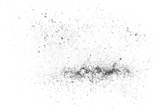 Black chalk pieces and dust flying, effect explode isolated on white, clipping path