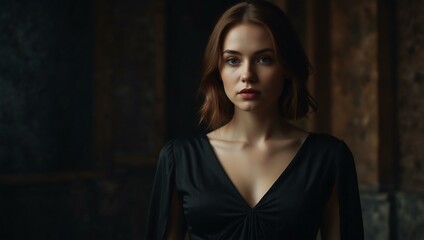 Fototapeta premium Mysterious woman in a black dress with a V-neck.
