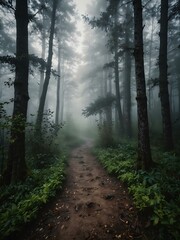 Obraz premium Mystical forest path shrouded in mist.