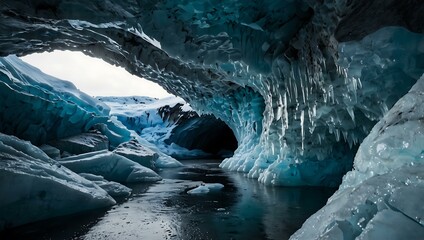 Mystical ice cave with stunning blue glacial formations.