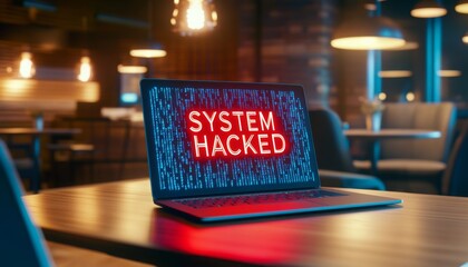 a laptop screen with the text  System Hacked in red against a background of digital binary code.	
