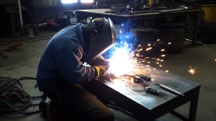 Welder at work in a metal workshop, sparks flying.