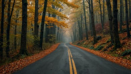 Obraz premium Narrow road through an autumn forest.