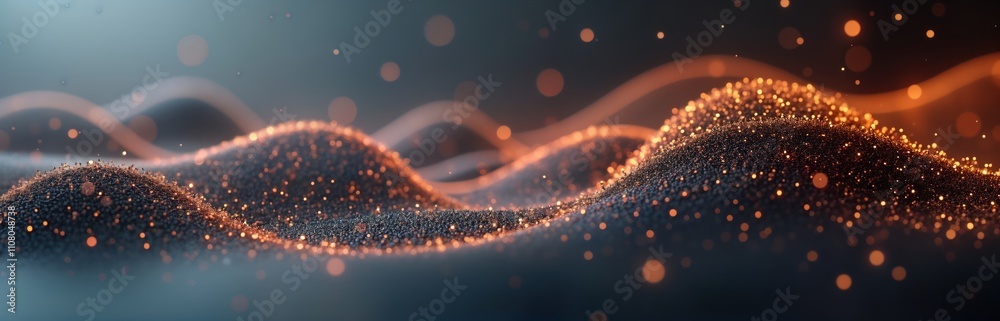 Poster Abstract tech backdrop shows dynamic glowing particles. Soft grey background with orange light effects. Waves of particles create futuristic design. Suitable for tech presentations, websites, digital